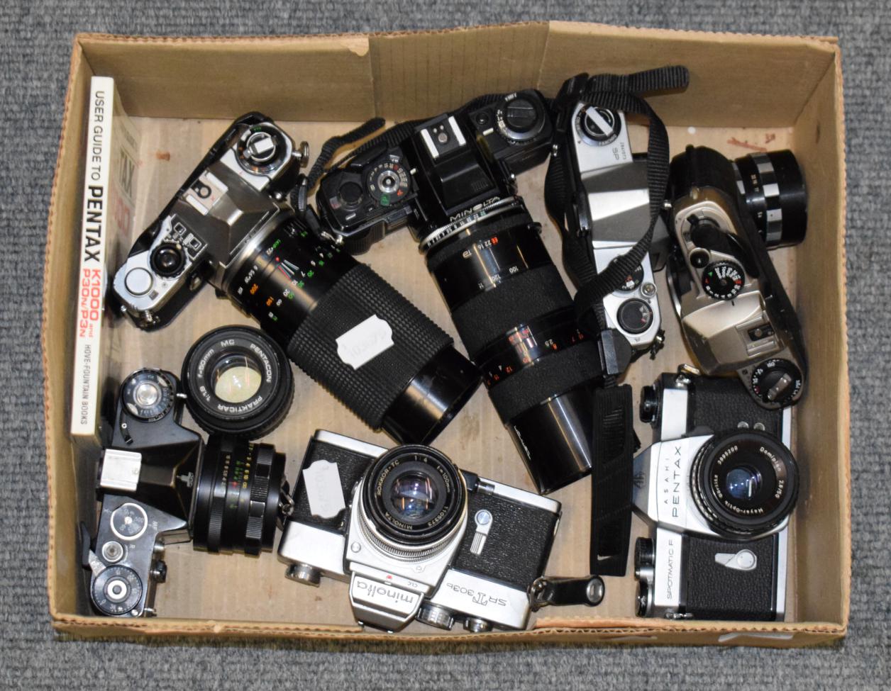 Lot 306 - Eight cameras including Minolta SRT303 with 100mm lens; three Pentax; and Minolta X-700