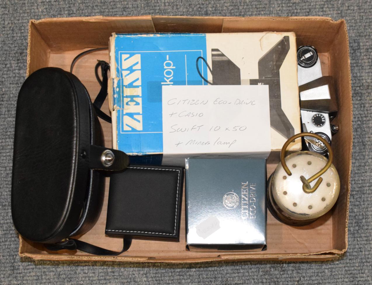 Lot 307 - Assorted cameras and photographic accessories including Citizen Eco-drive, Casio, Swift 10 x 50...