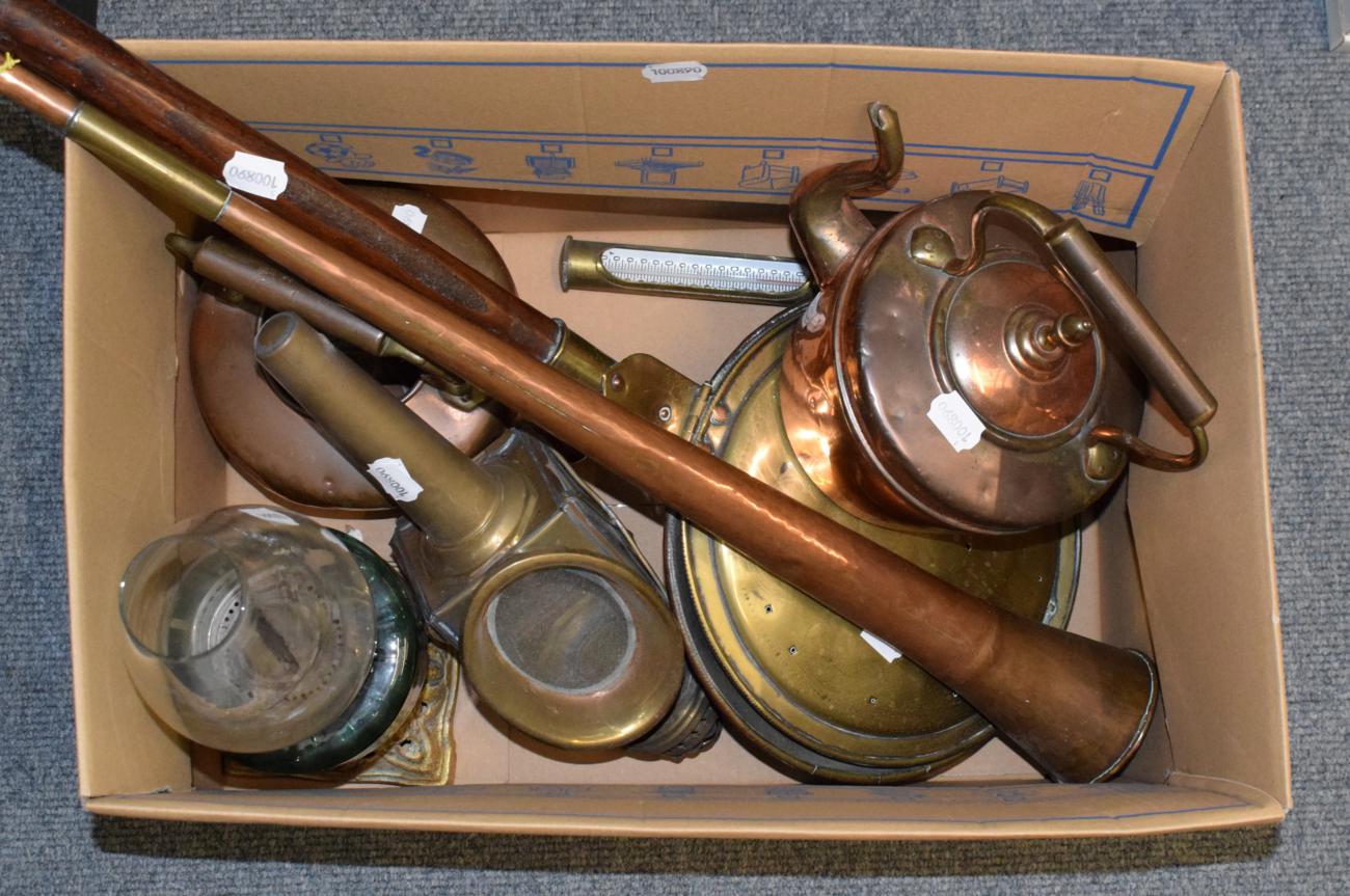Lot 309 - Assorted copper and brass including a bed warming pan, coaching horn, carriage lamp, two...