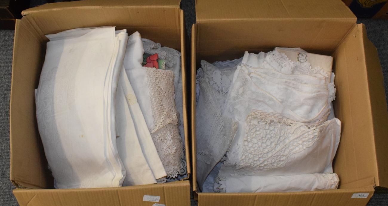 Lot 323 - ^ A quantity of assorted white linen and crochet pieces (in two boxes)