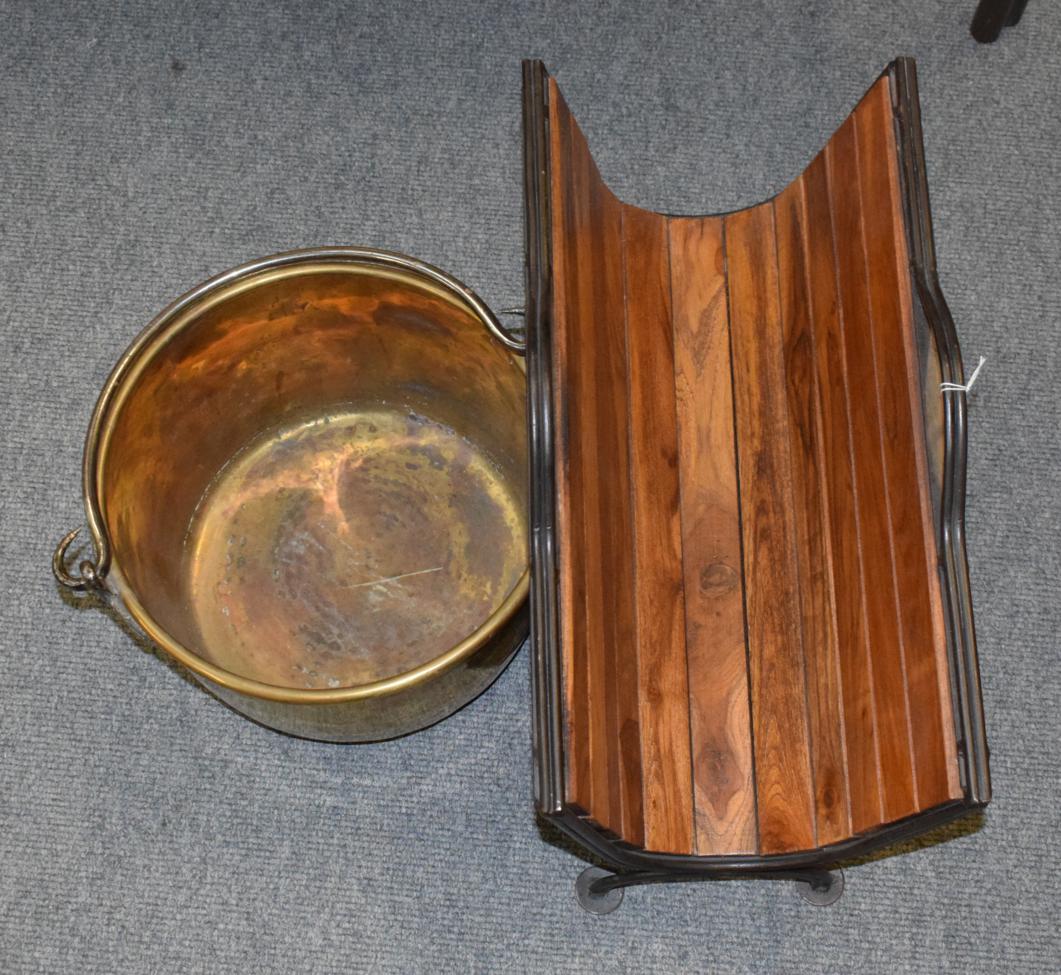 Lot 324 - Brass jam pan, reproduction hardwood and wrought iron magazine rack