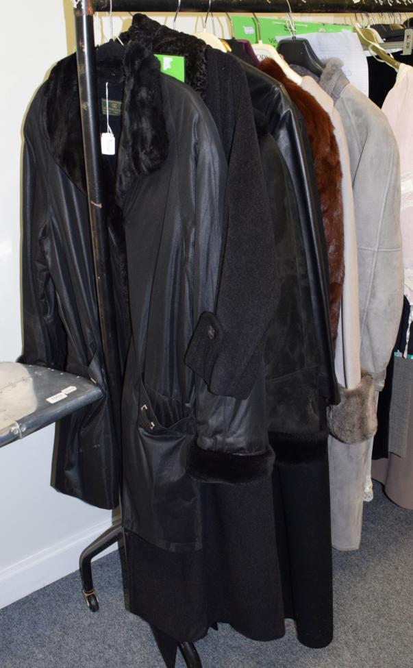 Lot 371 - Modern ladies winter coats, including a black double breasted long wool coat with astracan type...