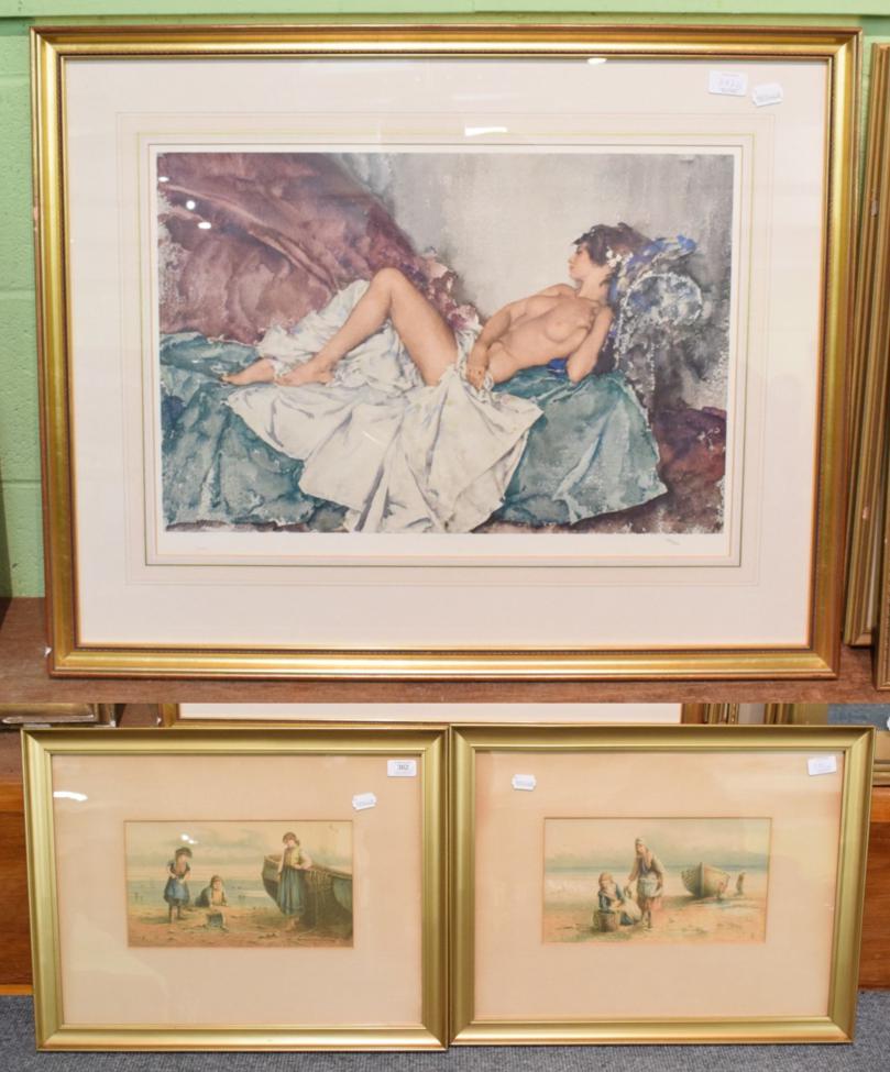 Lot 382 - After William Russell Flint, reclining nude; together with two English school prints of figures...
