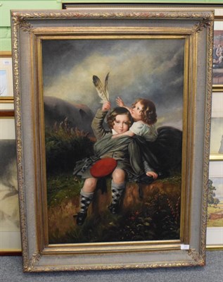 Lot 393 - Scottish School (20th century), Two children in highland dress fighting over a feather, oil on...