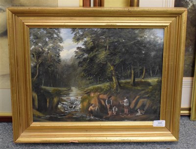 Lot 395 - British school (19th century), Woodland scene with children catching fish, oil on canvas, 30cm...