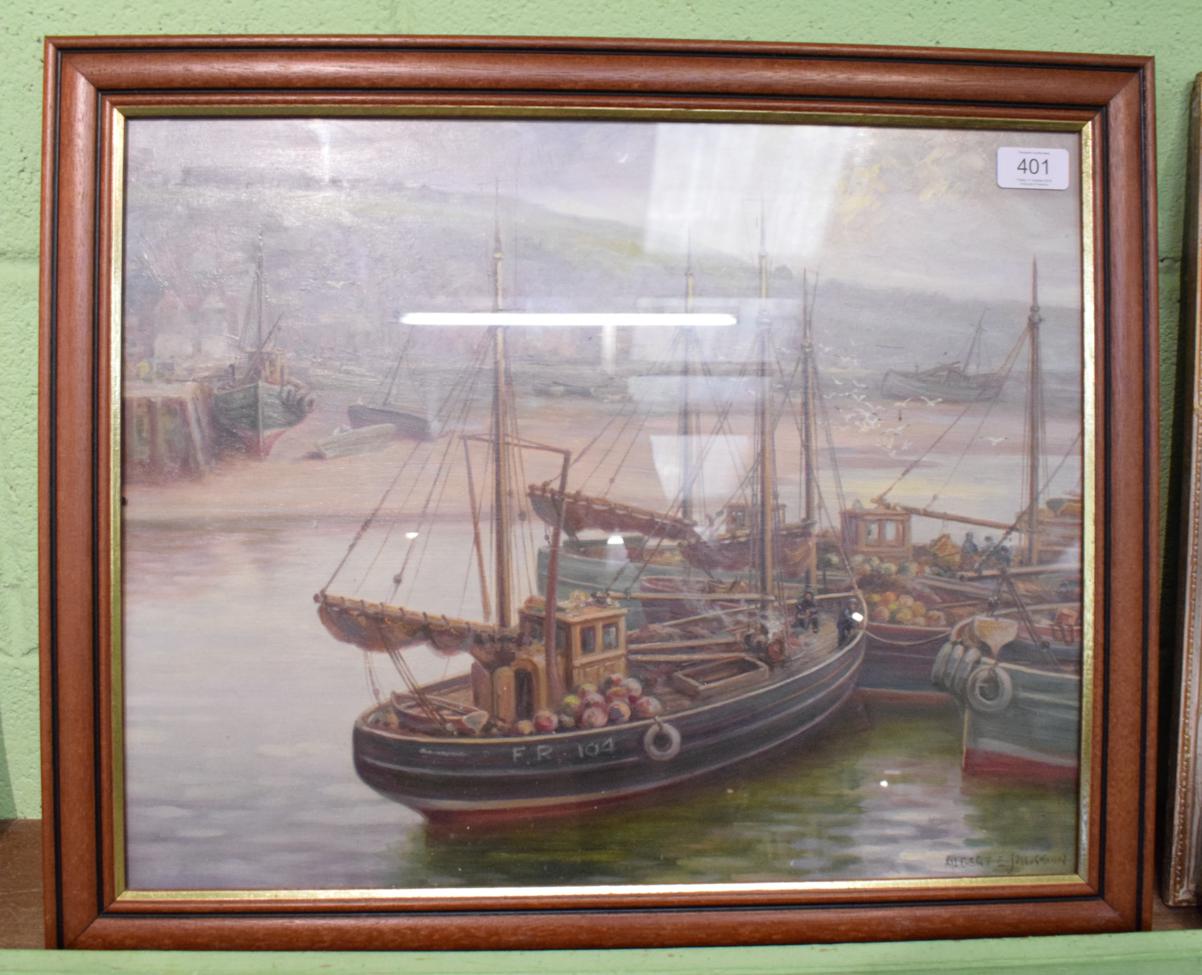 Lot 401 - Albert Jackson, Scotch fishing boats, Whitby harbour, signed, oil on board, 39cm by 49cm