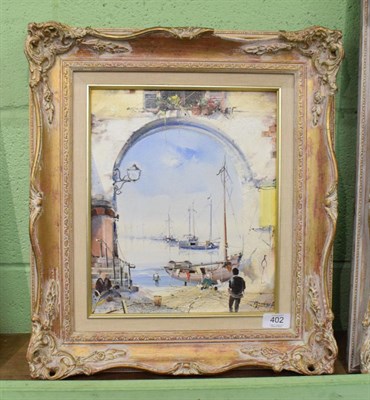 Lot 402 - Jorge Aguilar-Agon (b.1936) Spanish, Archway to sea, signed, oil on canvas, 29.5cm by 24.5cm...