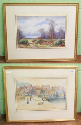 Lot 410 - N Turner (19th/20th century), Sheep and figure in an Autumnal landscape, signed watercolour;...