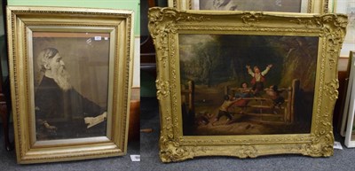 Lot 411 - A gilt framed oil on canvas of children playing together with a framed print portrait of a...