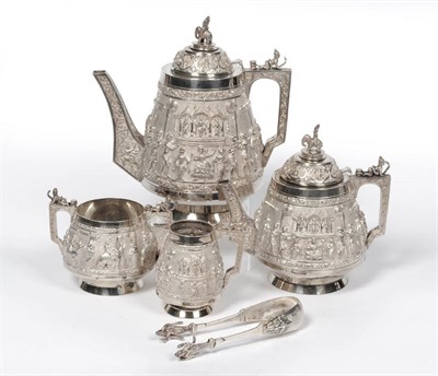 Lot 451 - An Indian Colonial Four Piece Tea and Coffee Set and Matching Sugar Tongs, unmarked, circa...