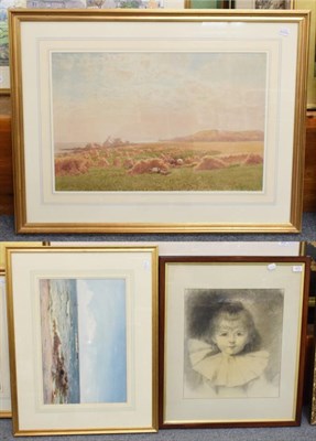 Lot 413 - ^ James Waite, Cornfield Isle of Man, signed watercolour and a charcoal study of a young girl (2)