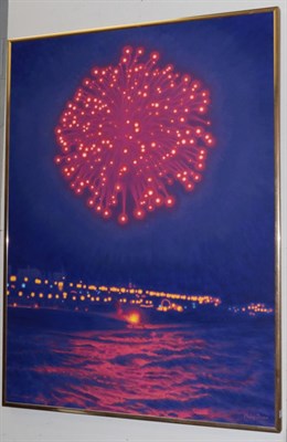 Lot 438 - Philip Dunn (b.1945), Fireworks over Brighton, signed, oil on canvas, 120cm by 89cm  Artist's...