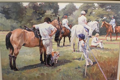 Lot 450 - Wendy C Stevenson, Pony Club, signed and inscribed verso, oil on canvas, 60cm by 90cm