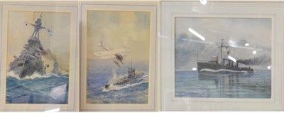 Lot 460 - Guy Standing (20th century) Battleships at Dusk, signed, watercolour; together with battleship...