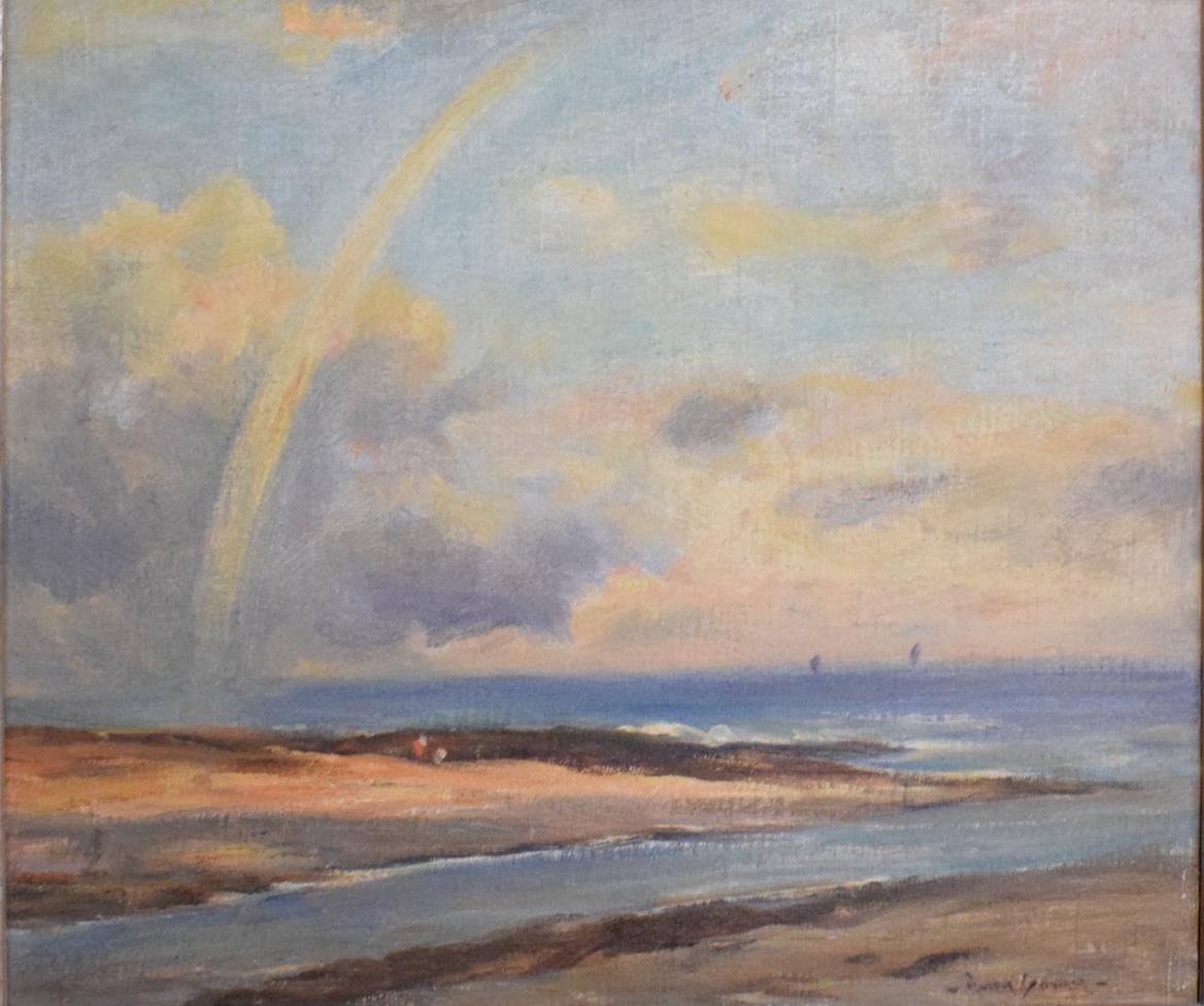 Lot 463 - Owen Bowen (1873-1967) Coastal view with rainbow, signed oil on board, 42cm by 49cm