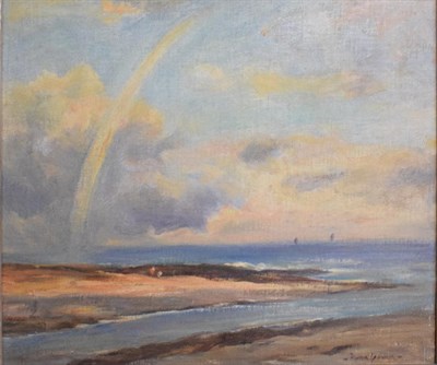 Lot 463 - Owen Bowen (1873-1967) Coastal view with rainbow, signed oil on board, 42cm by 49cm