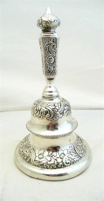 Lot 459 - A Dutch Silver Table Bell, 1850, with square handle and minaret finial with bands of foliate...