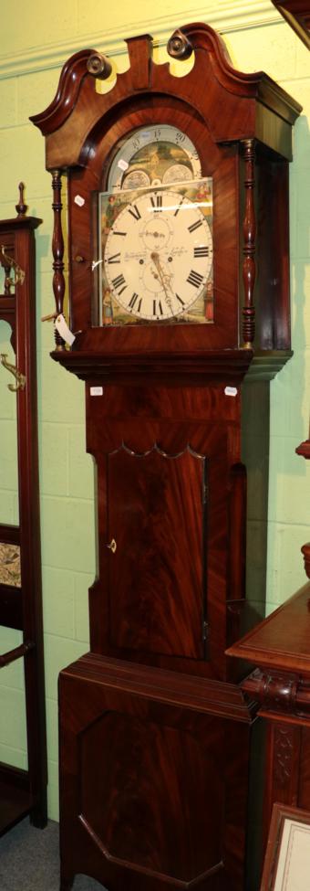 Lot 1135 - A mahogany eight day long case clock, arch painted dial, signed Stonehouse Leeds, early 19th...