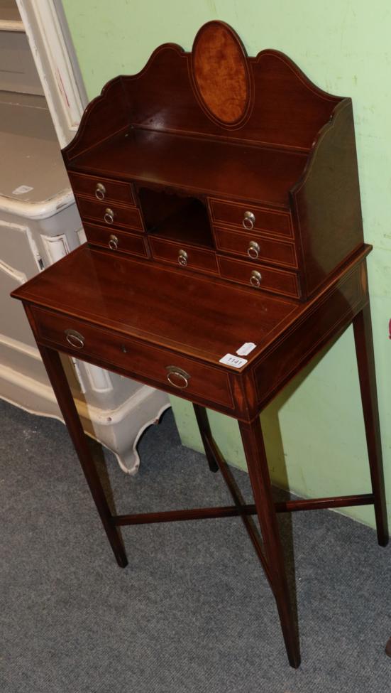 Lot 1141 - An early 20th century inlaid mahogany ladies desk with super structure back, 50cm wide