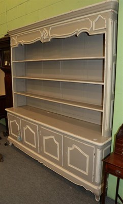 Lot 1143 - A 19th century grey painted dresser, the base with four cupboard doors, 208cm wide