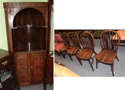 Lot 1146 - Set of four reproduction oak Windsor dining chairs with crinoline stretchers and a reproduction oak