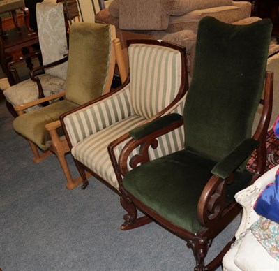 Lot 1220 - Victorian mahogany rocking chair, later recovered in green velvet; a late Victorian mahogany...