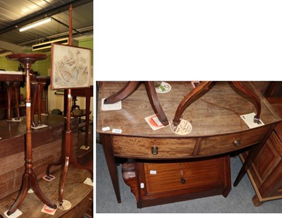 Lot 1246 - A George III mahogany bow fronted two drawer table, a pole screen, hat stand and an Edwardian...