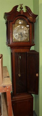 Lot 1266 - A eight day oak longcase clock, yew wood crossbanded door, arch brass dial, bearing a later...