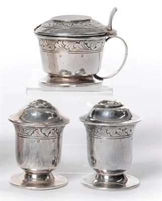 Lot 476 - An Arts & Crafts Three Piece Condiment Set, Liberty & Co, Birmingham 1915/6, of everted...