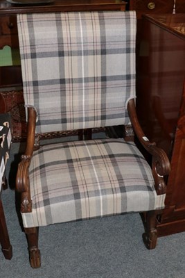 Lot 1280 - A 17th century walnut framed armchair recovered in tartan fabric with scrolled hand grips