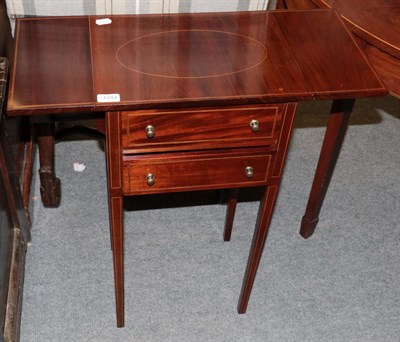 Lot 1284 - ^ A late 19th century mahogany and boxwood strung two drawer drop leaf table, 40cm wide
