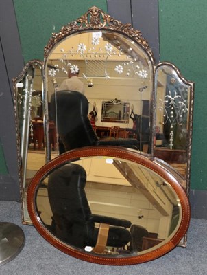 Lot 1305 - ^  An early 20th century triple plate and etched glass mirror, 114cm high; and an Edwardian...