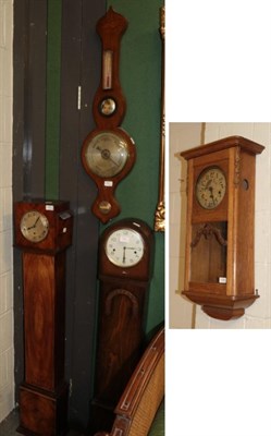Lot 1308 - Two small chiming Art Deco longcase clocks and a wheel barometer and an oak cased chiming wall...