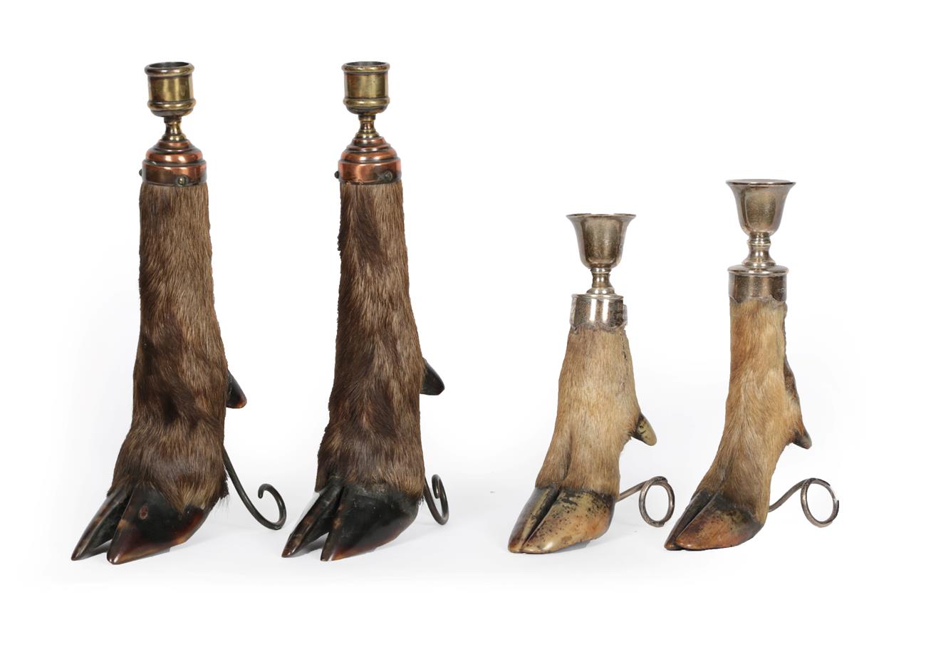 Lot 179 - Taxidermy Collectibles: A Matched Pair of Silver Mounted Red Deer Slot Candle Sticks, by...