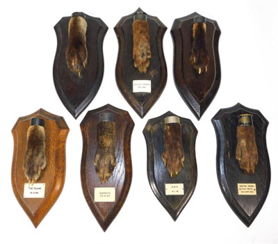 Lot 210 - Taxidermy: A Collection of Red Fox Pads on Shields, by Rowland Ward, Ltd, London, seven various...