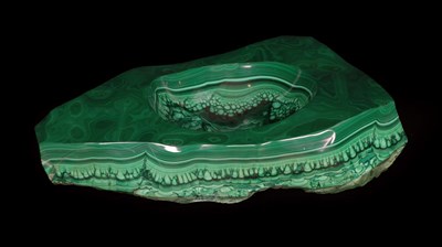 Lot 251 - Minerals: A Large Malachite Bowl, a large raw section of Malachite, the upper section polished with