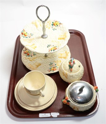 Lot 2 - Clarice Cliff  'Celtic Harvest' two-tier cake stand; and a matching preserve jar and sugar...