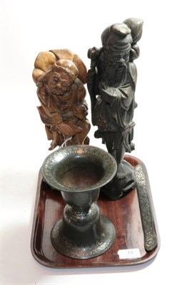 Lot 13 - A Chinese silver inlaid root wood carving, another Chinese carving of Lu Hai sporting with the...
