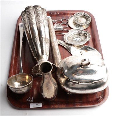 Lot 38 - A tray of silver and metalware, including: a German or Austrian silver soup-ladle, maker's mark...