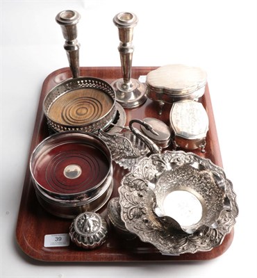 Lot 39 - A tray of assorted silver including, a wine-coaster by Carrs, Sheffield, 1994, with wood base;...