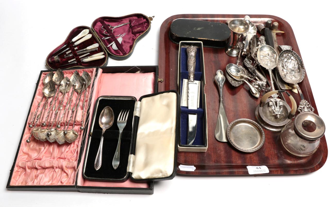 Lot 44 - A group of silver and other items including: a set of twelve spoons with leaf-shaped bowls, in...