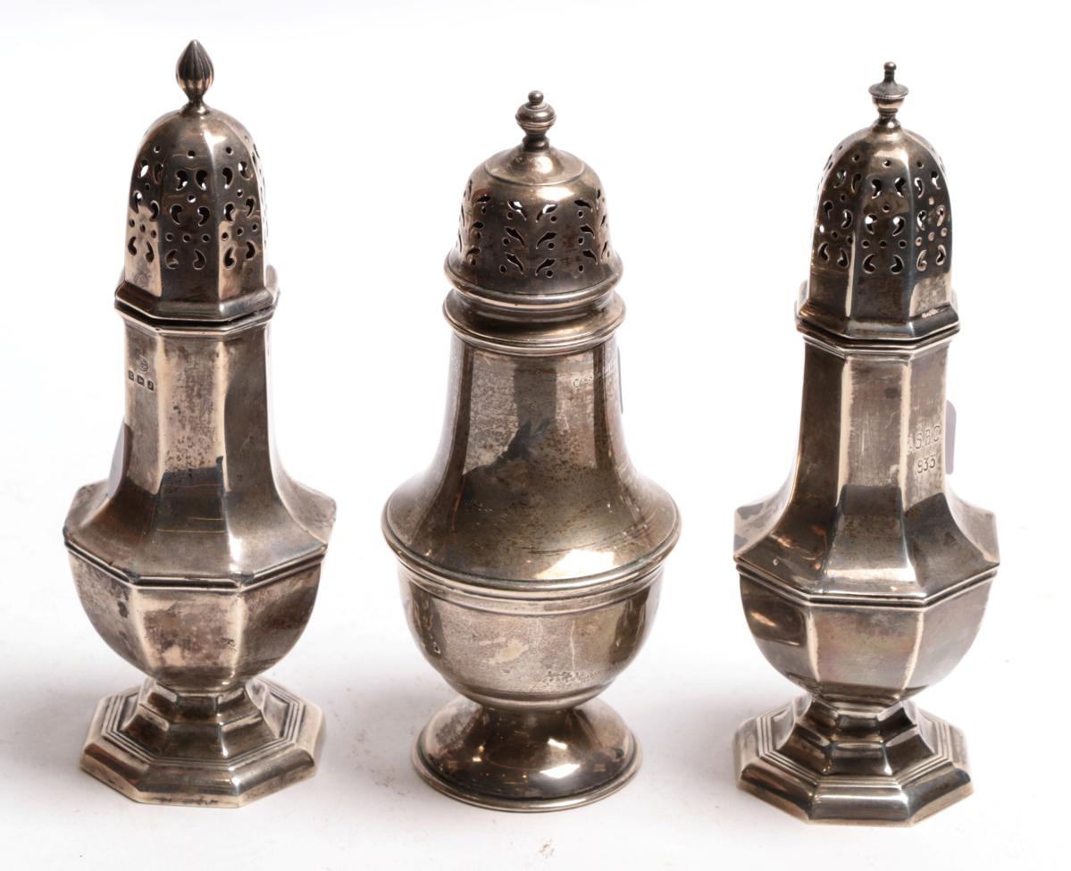 Lot 51 - Three various sugar casters, comprising: two octagonal examples, each with pull-off cover, one...