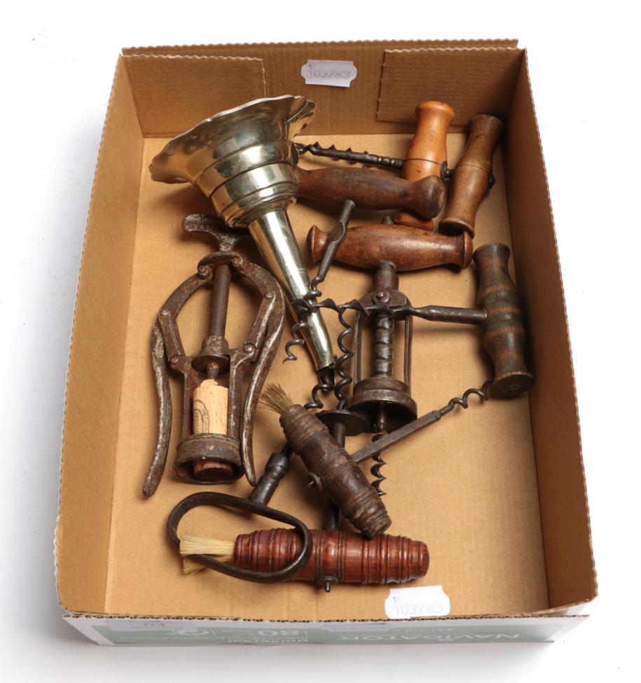 Lot 64 - A collection of nine assorted corkscrews, together with a plated wine funnel