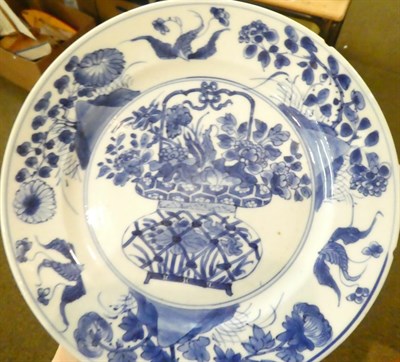Lot 72 - A pair of Chinese porcelain plates, Kangxi, painted in underglaze blue with a basket of flowers...
