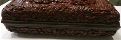 Lot 75 - A Chinese cinnabar lacquer box and cover, bears Qianlong reign mark, of cushioned rectangular...