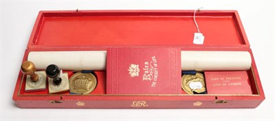 Lot 84 - An Elizabeth II 1954 Freedom of the City of London presentation scroll, and associated items,...