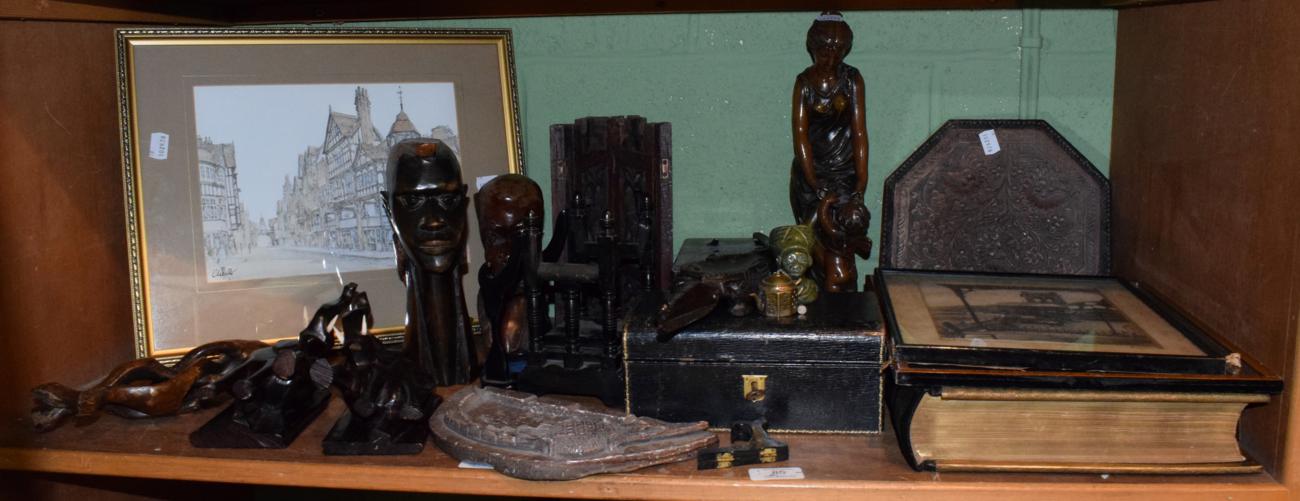 Lot 85 - A group of decorative items including a spelter figure group, African carvings, decorative...