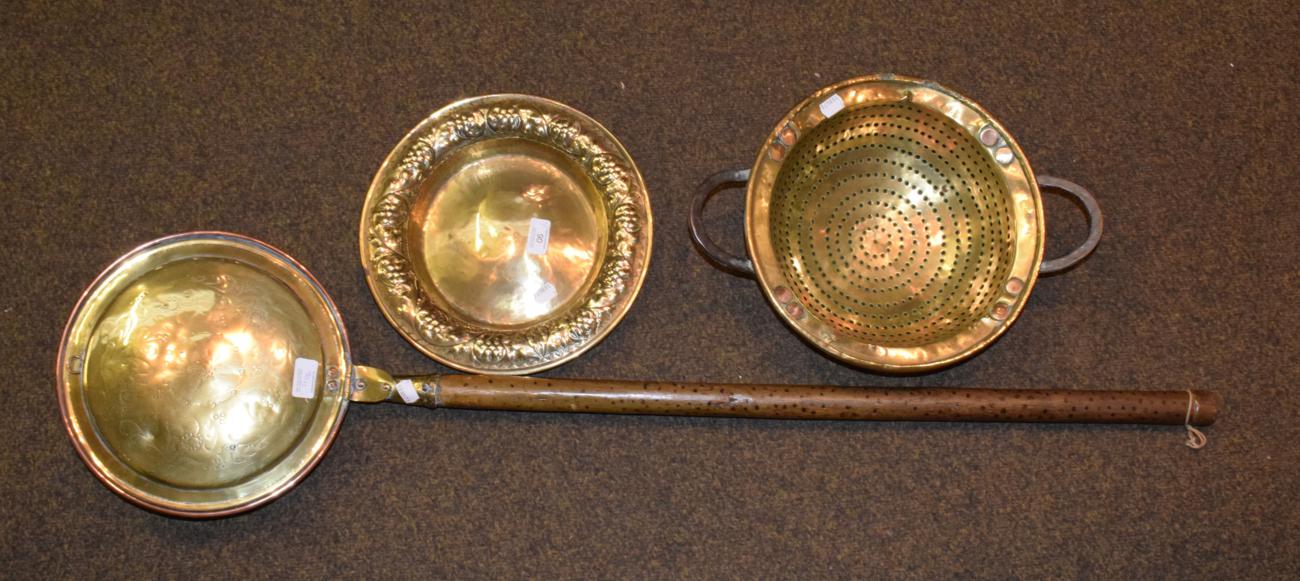 Lot 90 - Brass bed warming pan with zare handle, brass sieve and embossed brass dish