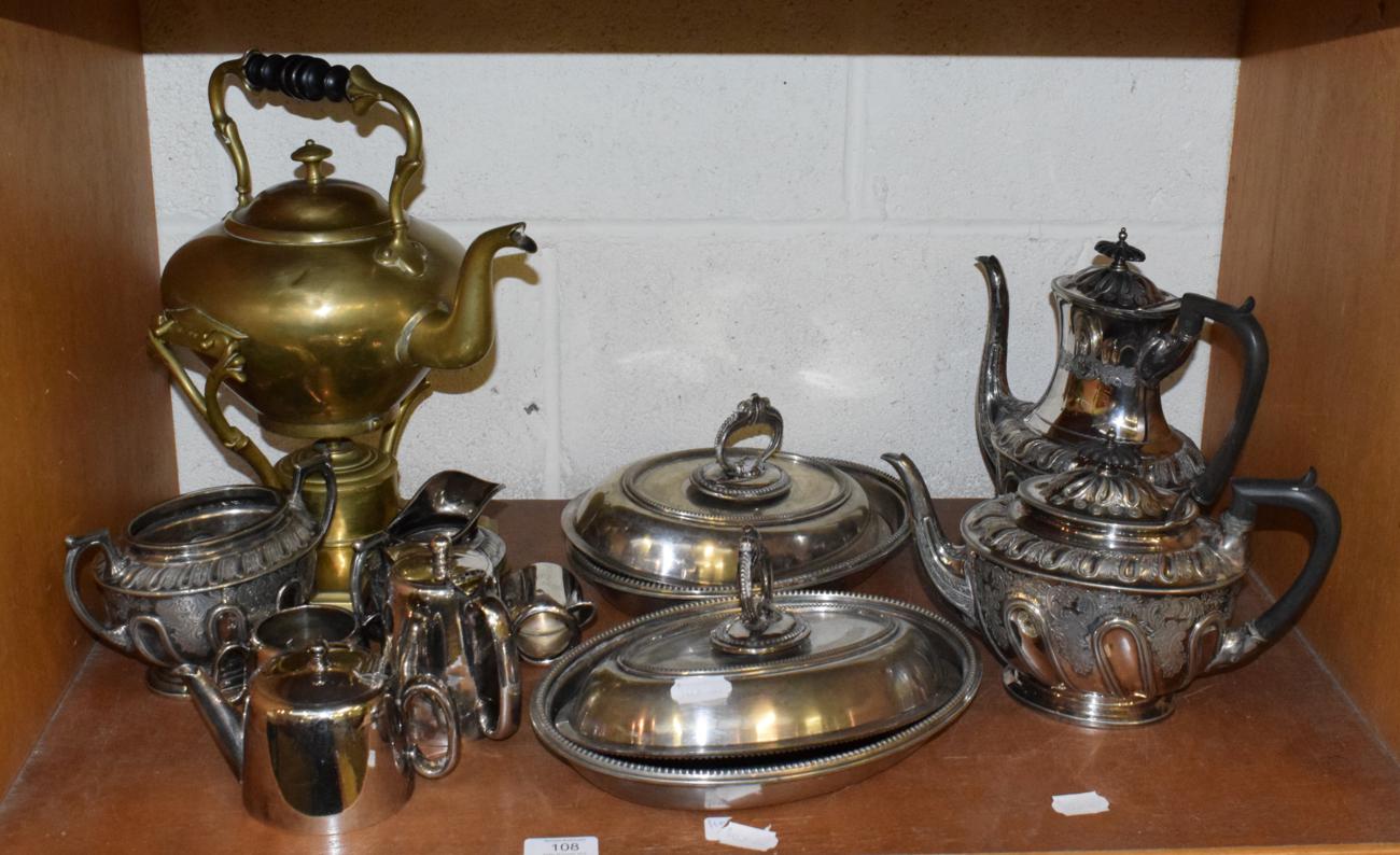 Lot 108 - A four piece plated tea and coffee service, a pair of entree dishes and covers, and a samovar