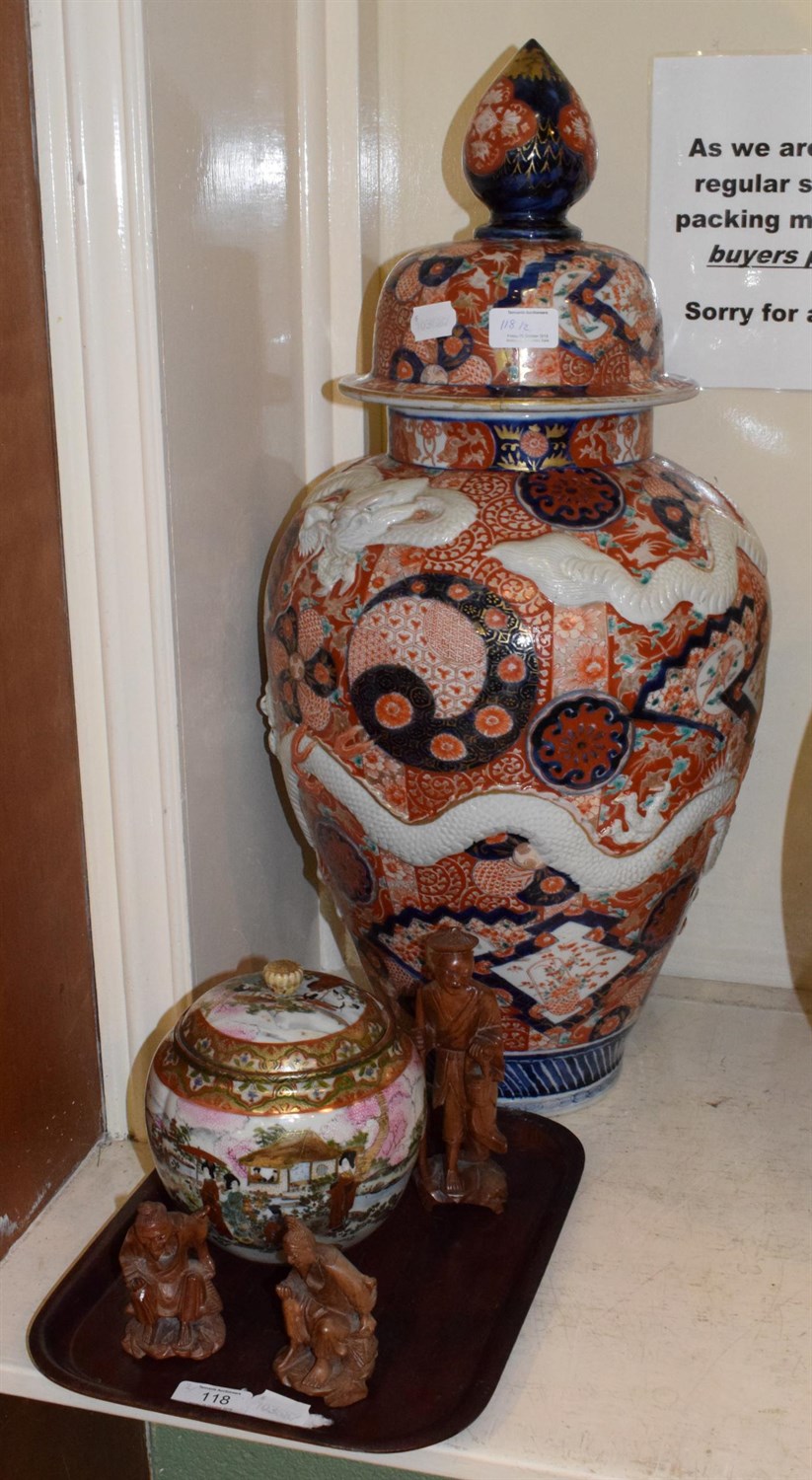 Lot 118 - A large Japanese Imari vase and cover decorated with dragons, a small Kutani footed bowl and...